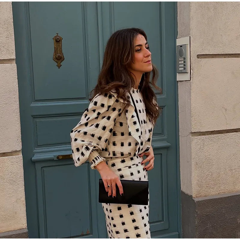 Plaid Puff Sleeve Long Skirt Suit Fashion Ruffles