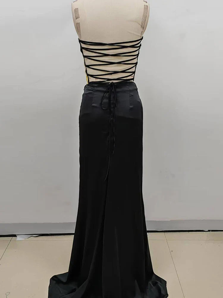 Strapless Gold Top & High-Slit Skirt Set
