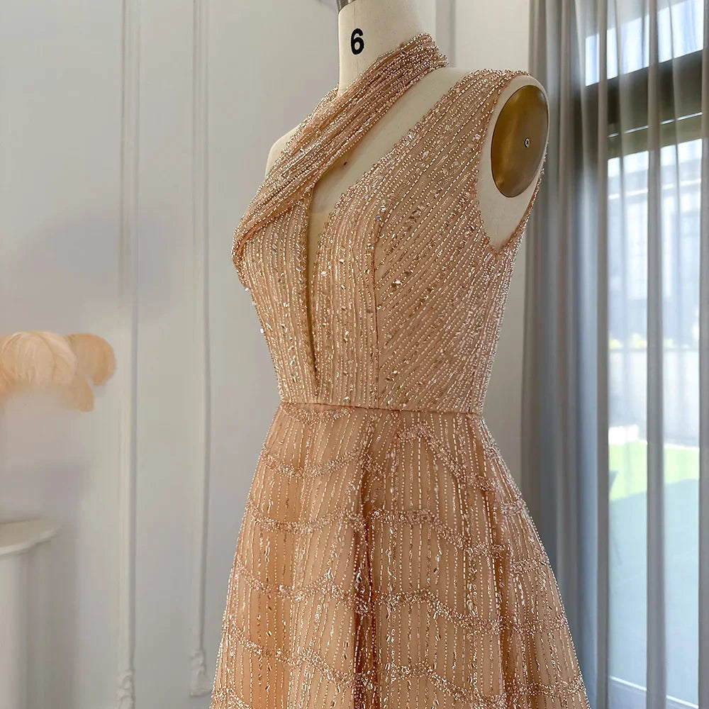 Beaded Lilac Halter Neck Evening Gown