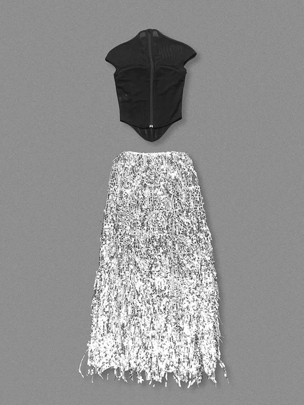 Black Fishbone Top Sequin Mesh Long Skirt Set