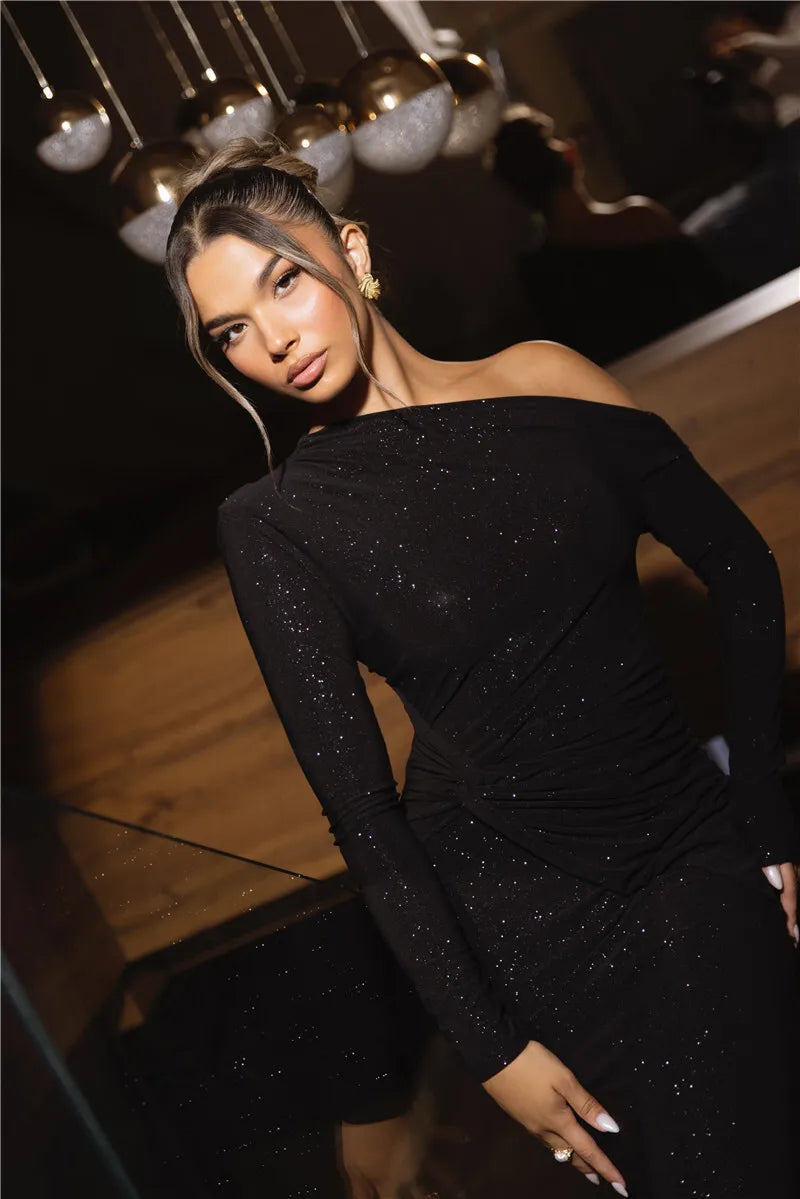 Long Sleeve Inclined Shoulder Maxi Dress