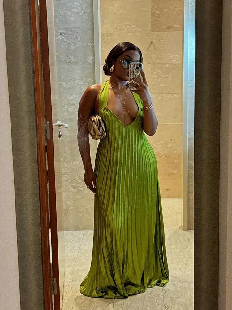 Pleated Hollow Out Halter Neck Long Dress