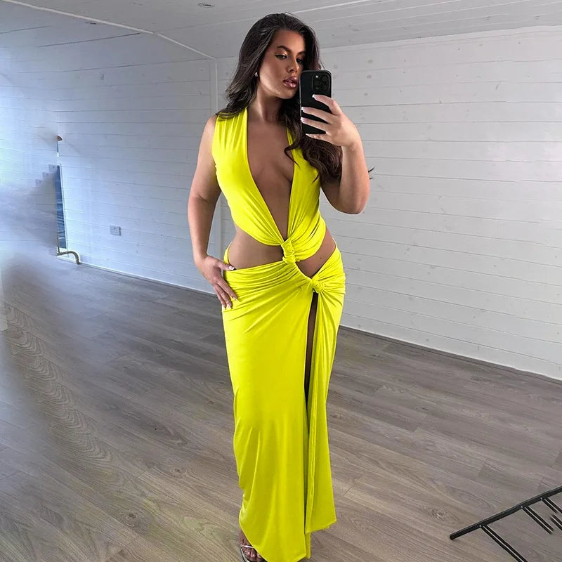 Deep V Cut Out Slit Asymmetrical Long Dress
