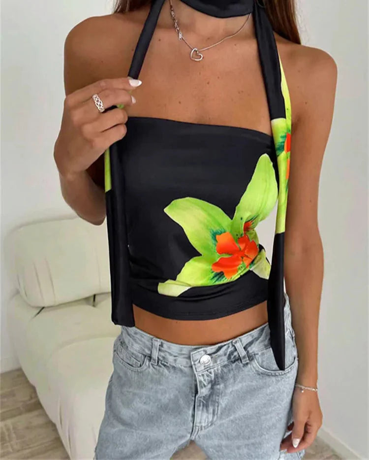 Ribbon Sleeveless Backless Floral Print Top