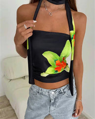 Ribbon Sleeveless Backless Floral Print Top