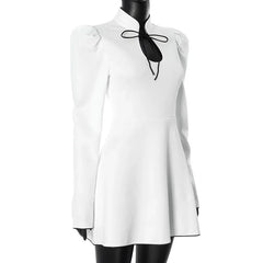 Women's Lace-Up White V-Neck A-Line Short Dress