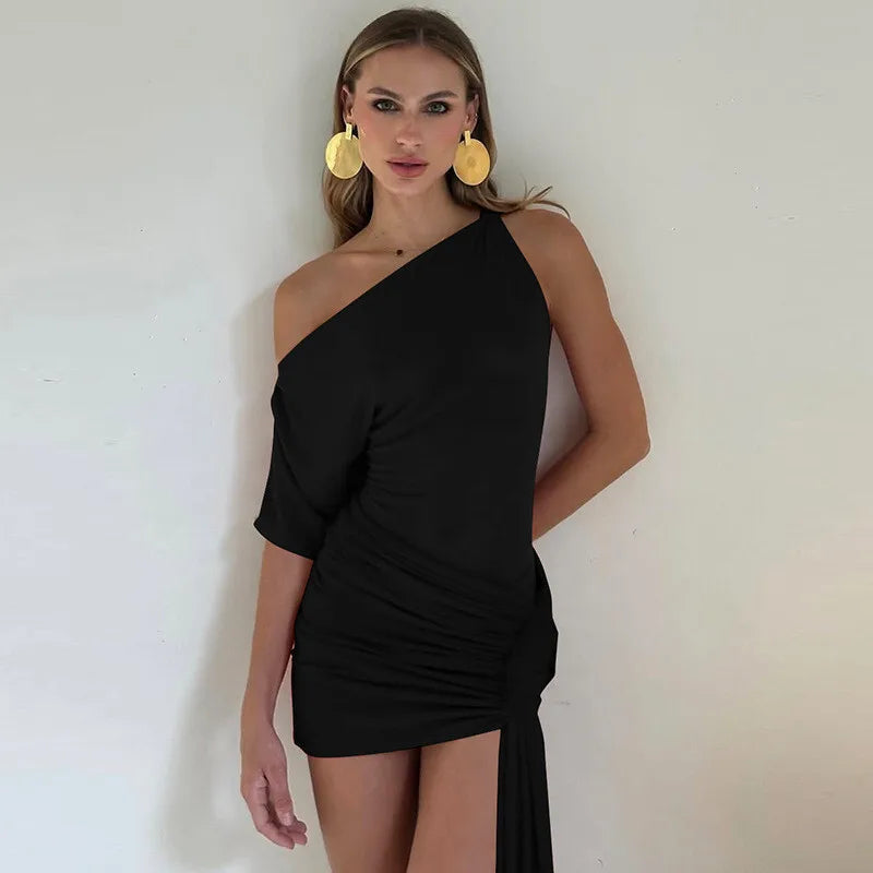 Oblique-Shoulder Backless Irregular Draped Dress