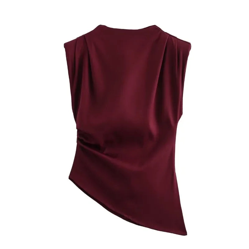Sleeveless Cropped Top Pleated Round Neck Vest T-Shirt