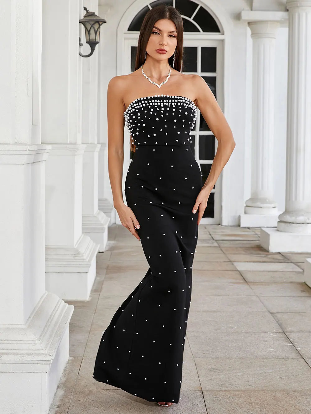 Pearl Design Bandage Strapless Long Dress