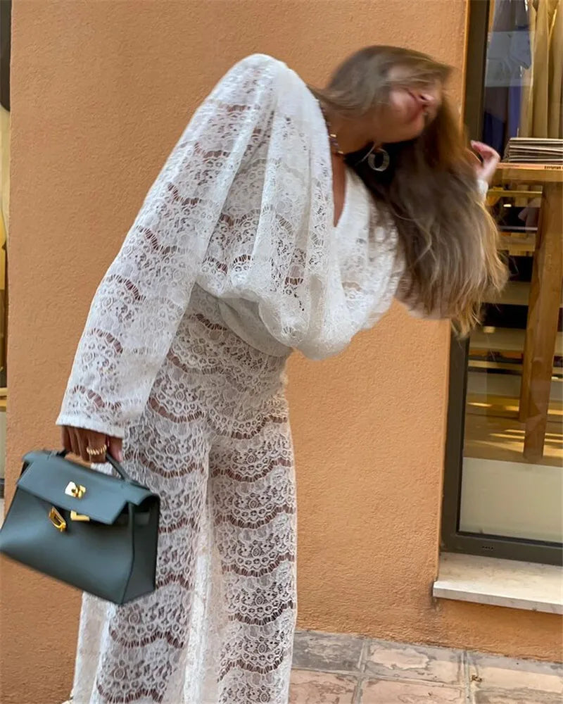 White Lace Two-Piece Loose Trouser Set