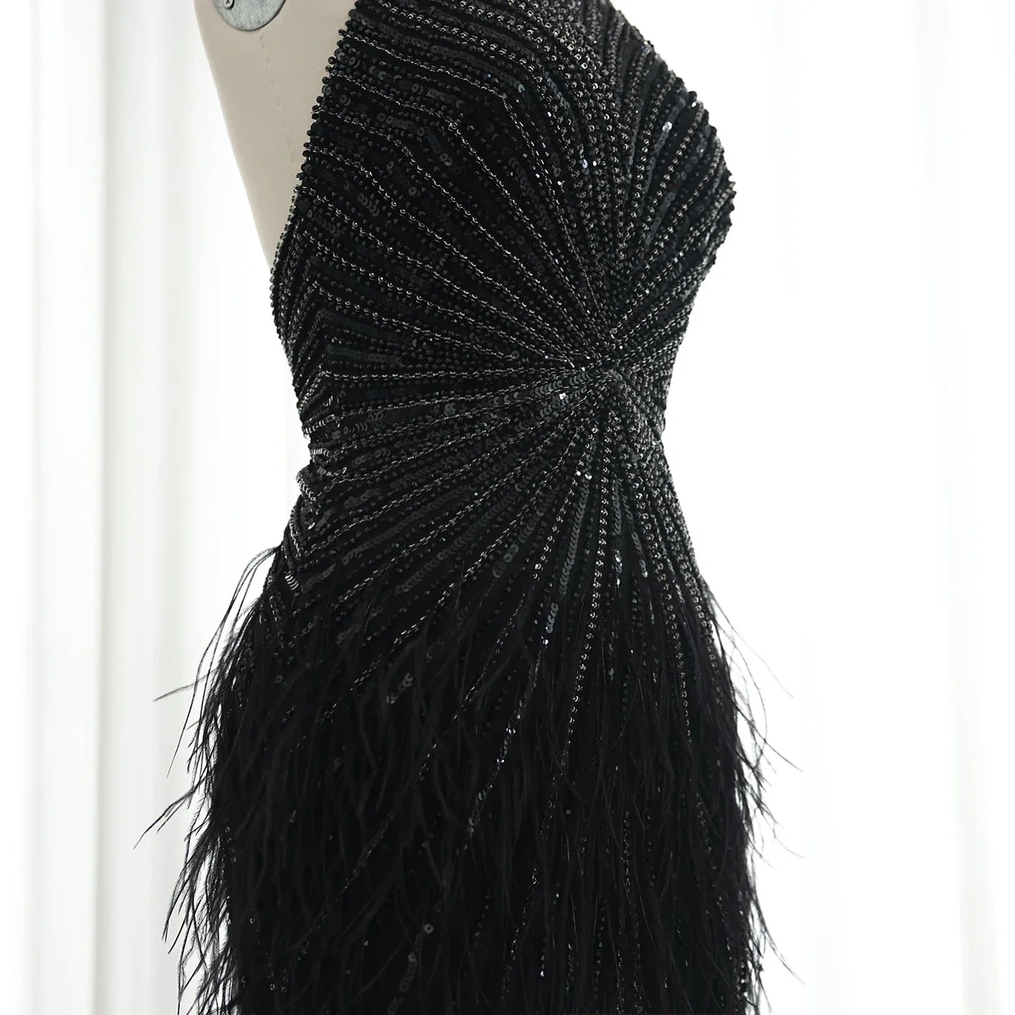 Beaded Feathers Mermaid Halter Backless Gown