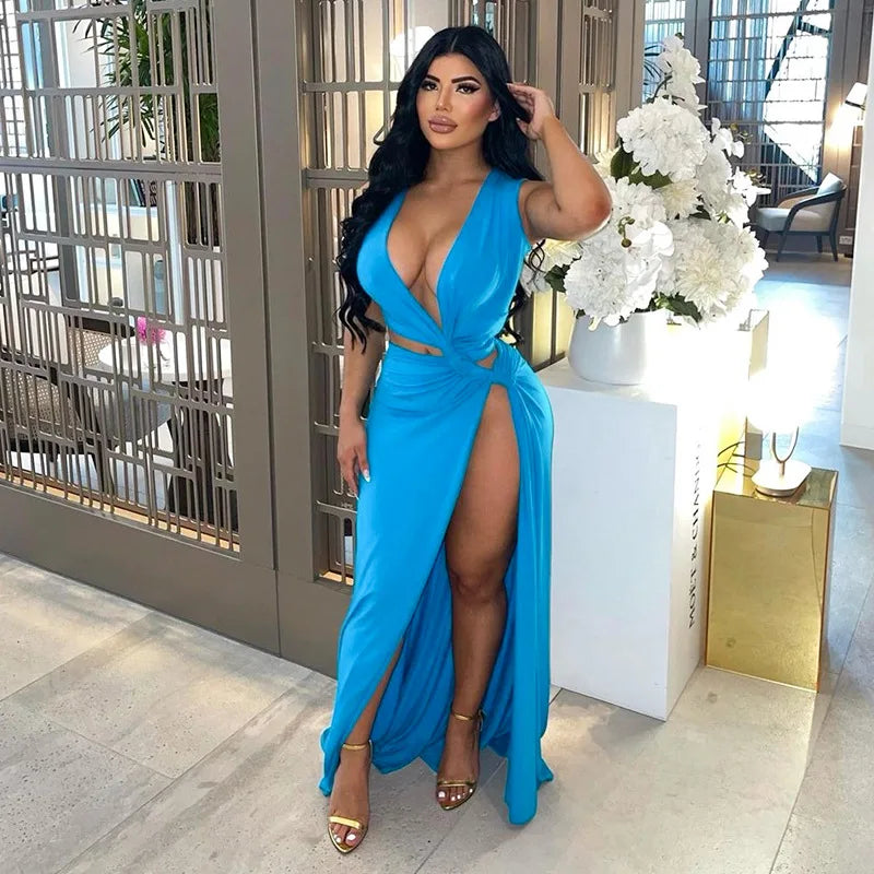 Deep V Cut Out Slit Asymmetrical Long Dress