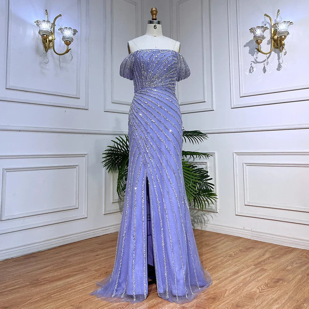 Boat Neck Split Mermaid Elegant Beaded Gowns