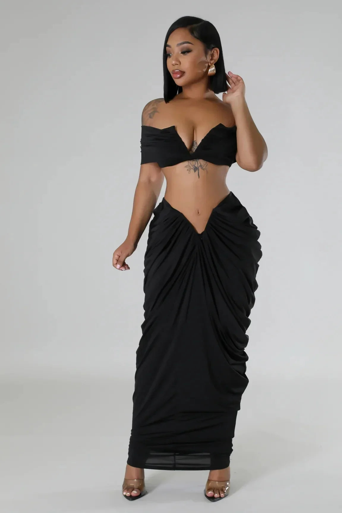 Pleated Strapless Crop Top and Long Skirt Suit