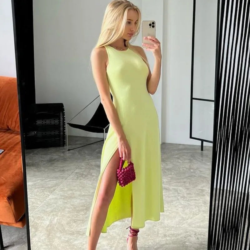 Knit Slit Solid High Waisted Vacation Dresses
