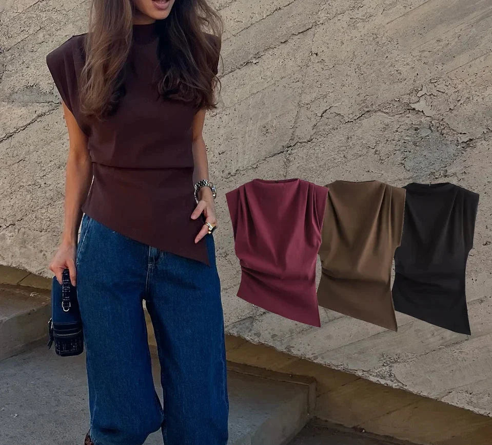 Asymmetric Pleated Trim Short Sleeve Top
