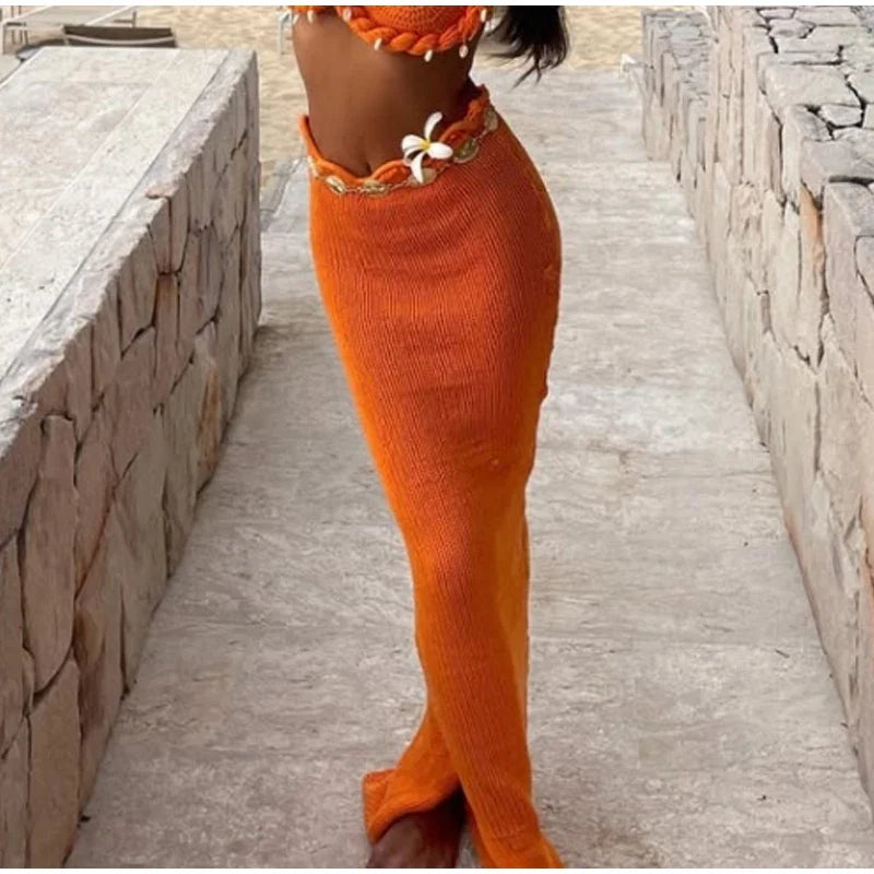 Shell Crop Tops Suit With Split Long Skirt
