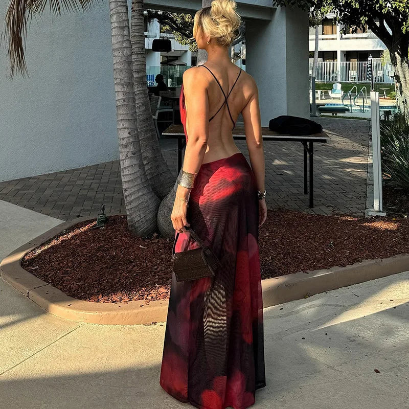 Backless Split Red Summer Beach Vacation Dresses