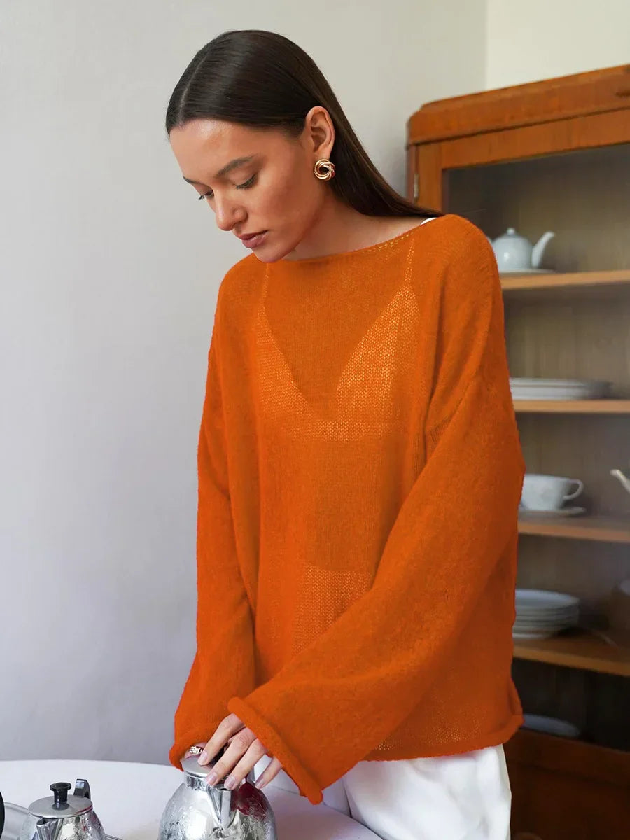 Hollow Solid See-through Long Sleeve Knitted Top
