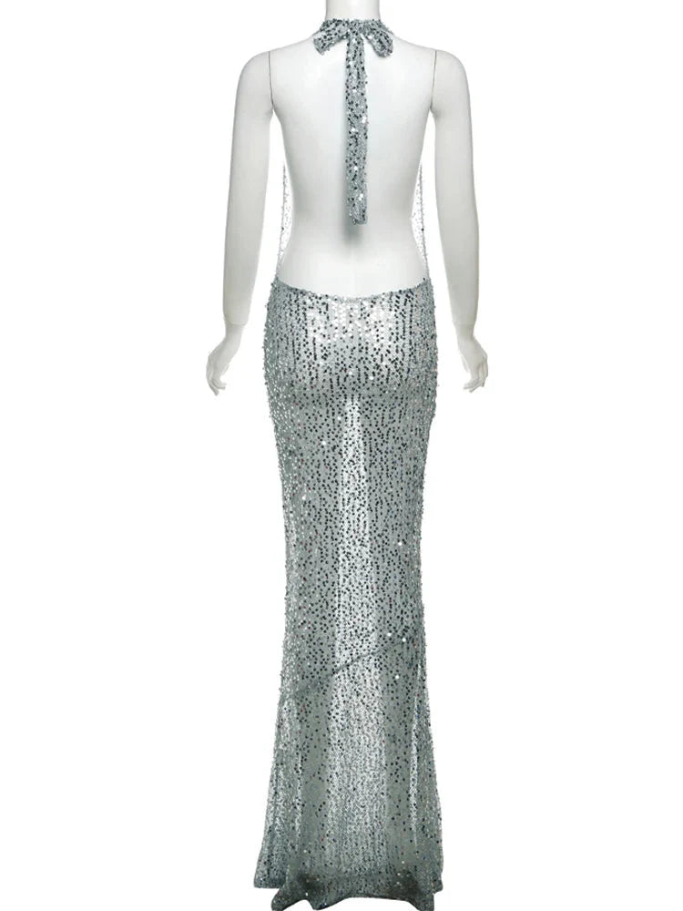 Sequins Crochet Halter Swinging Neck Long Dress