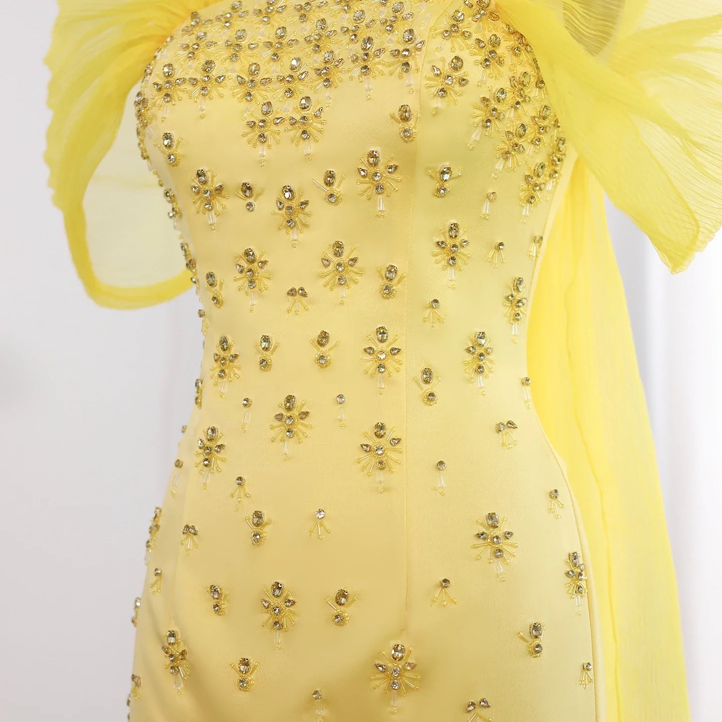 Beaded Yellow Evening Gown with Cape Sleeves