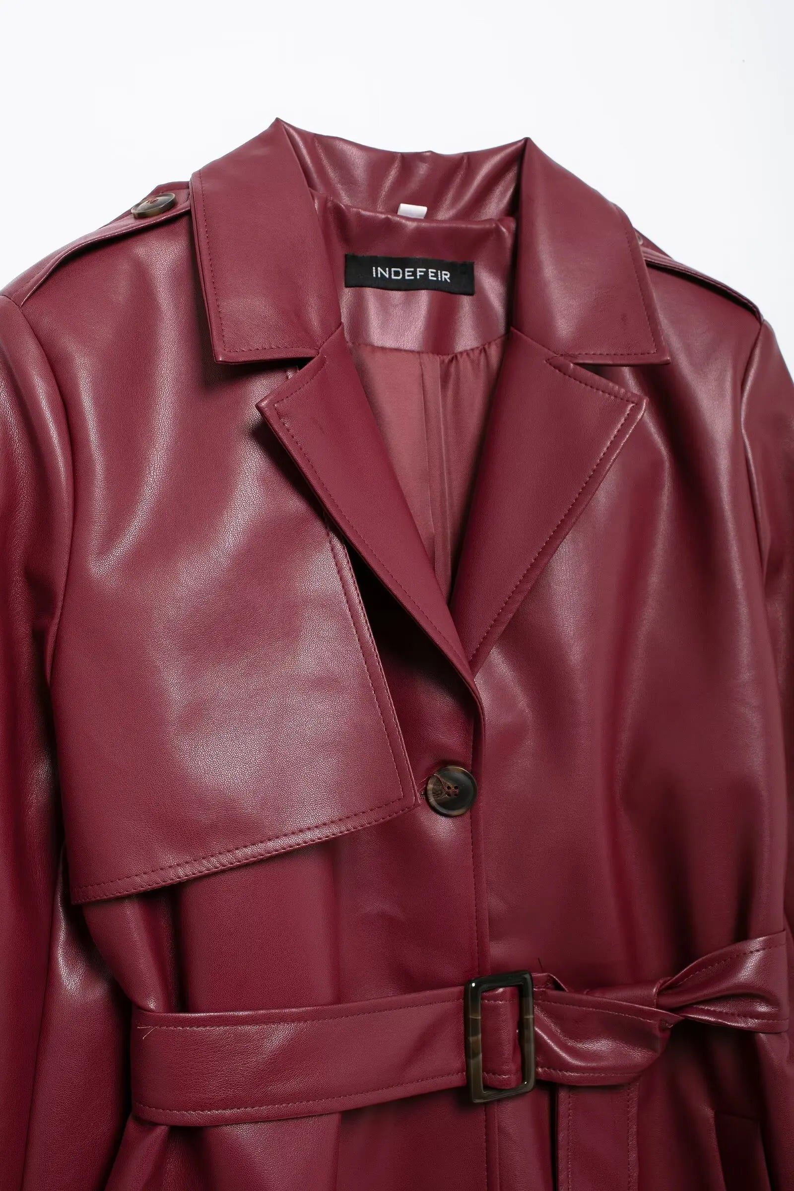 Lapel Pocket Belt Faux Leather Long Coat
