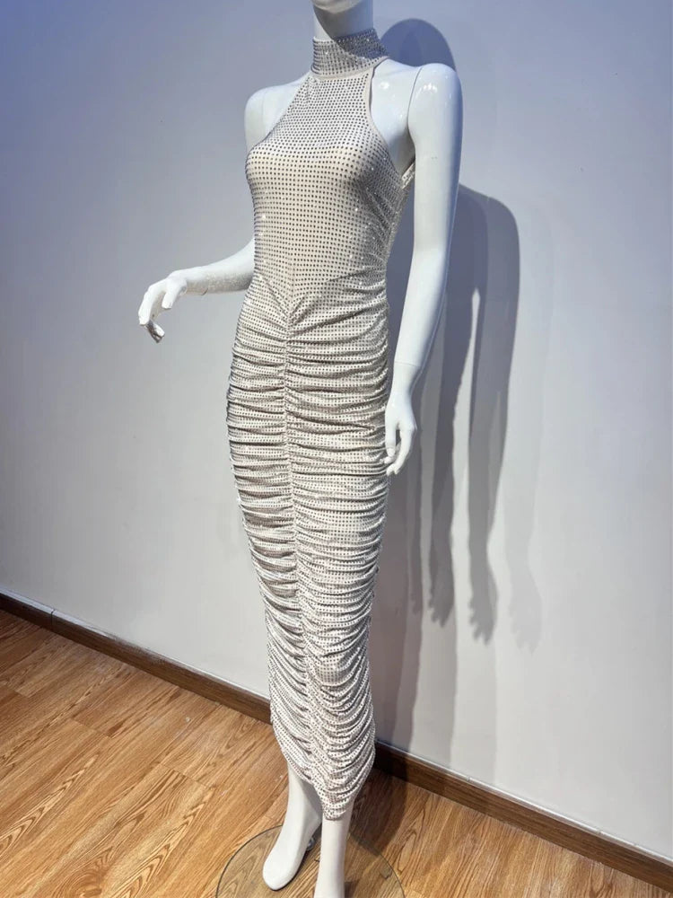 Halter Neck Backless Crystal Folds Long Dress