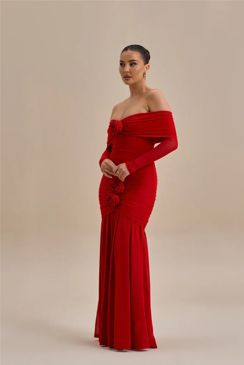 Off-shoulder Strapless Rose Long Sleeve Dress