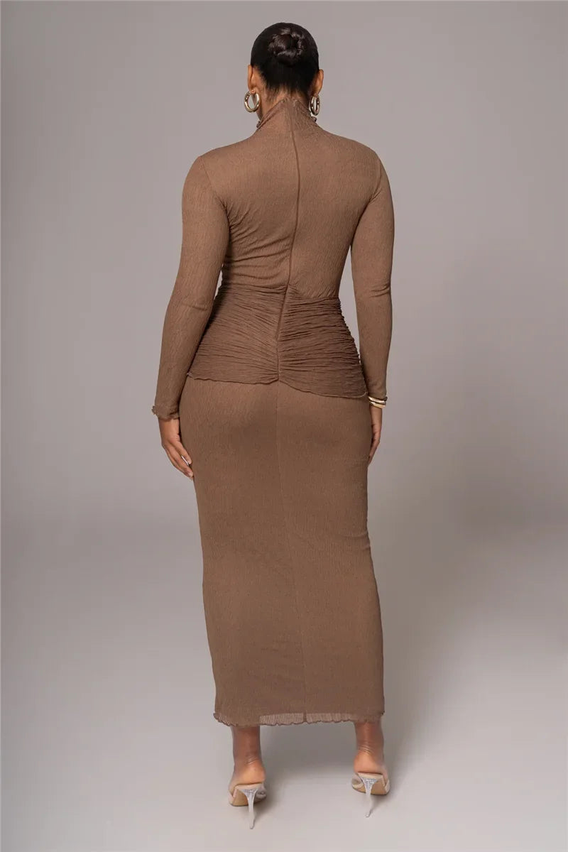 Long Sleeve Drape Turtleneck Maxi Dress