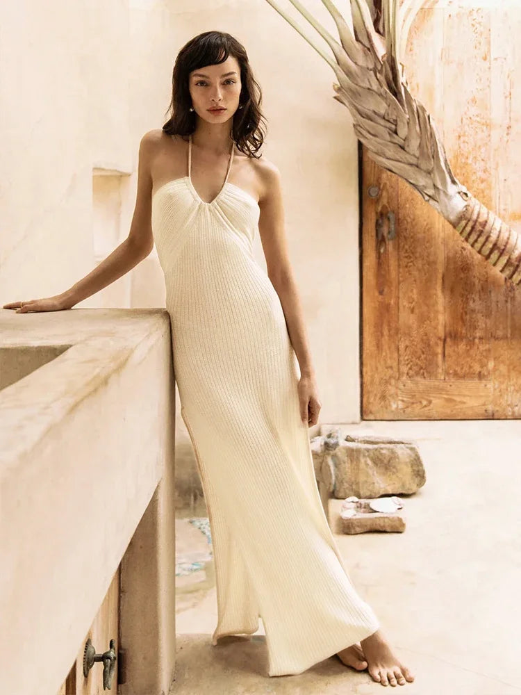 Solid Backless Halter Knit Slit Maxi Dress