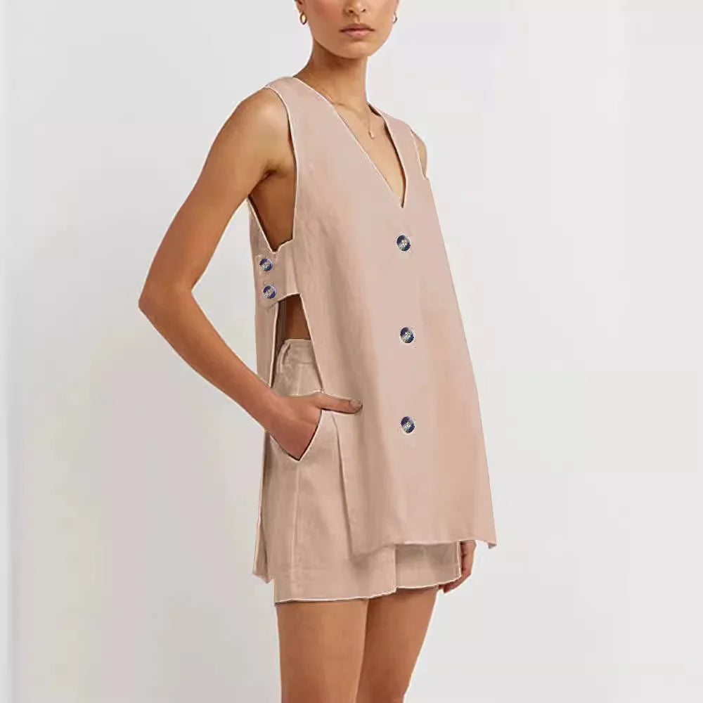Hollow Button Long Top Elastic Waist Shorts Suit