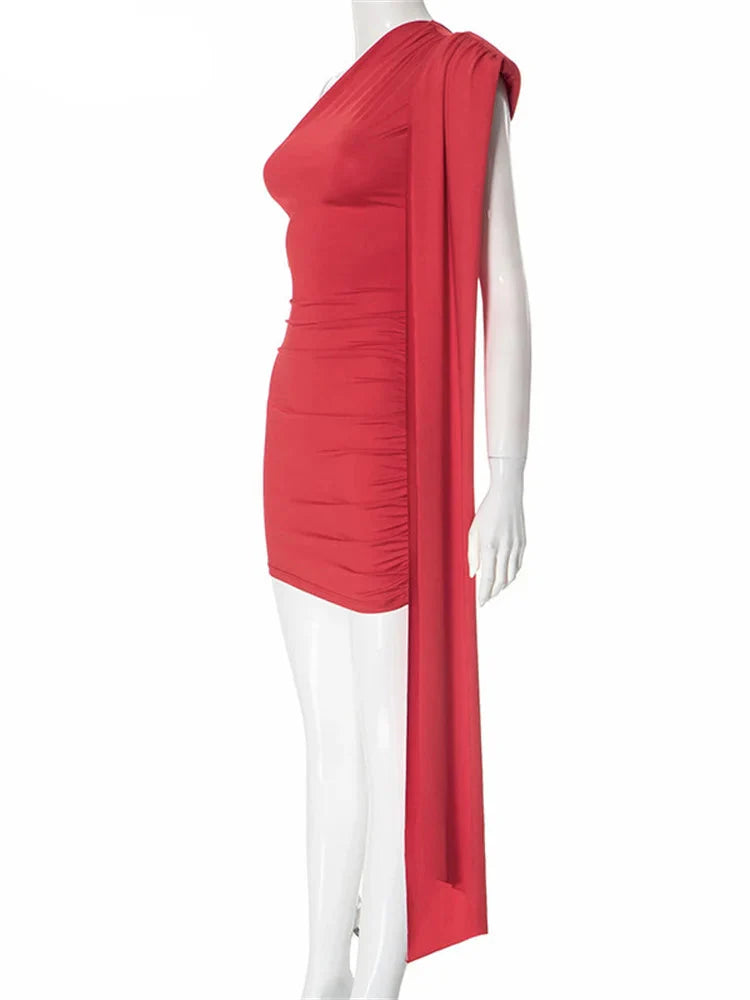 Red One-Shoulder Ribbon Mini Dress