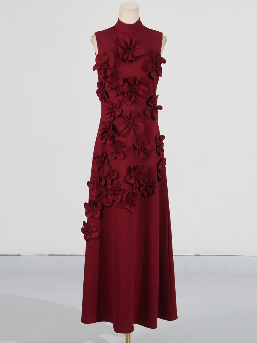 3D Flower Appliqué Mock Neck Midi Dress