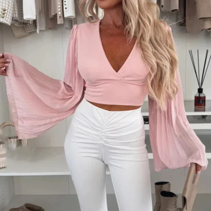 Solid Color Hollow-out Chiffon Bat Sleeve Blouse