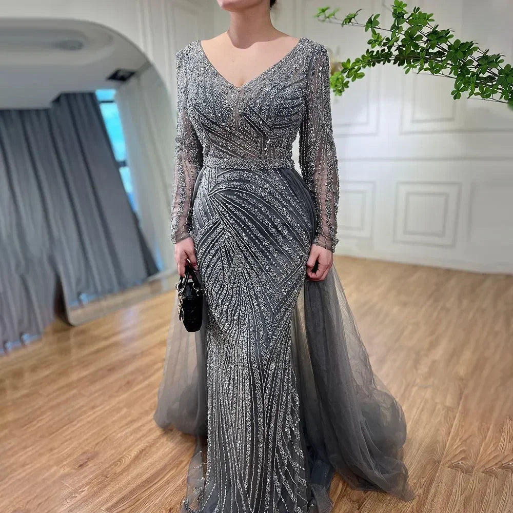 Blue Mermaid Beaded Long Sleeves Evening Gown