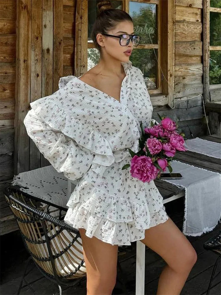 Ruffled Printed Long Sleeve Top and Shorts Sets