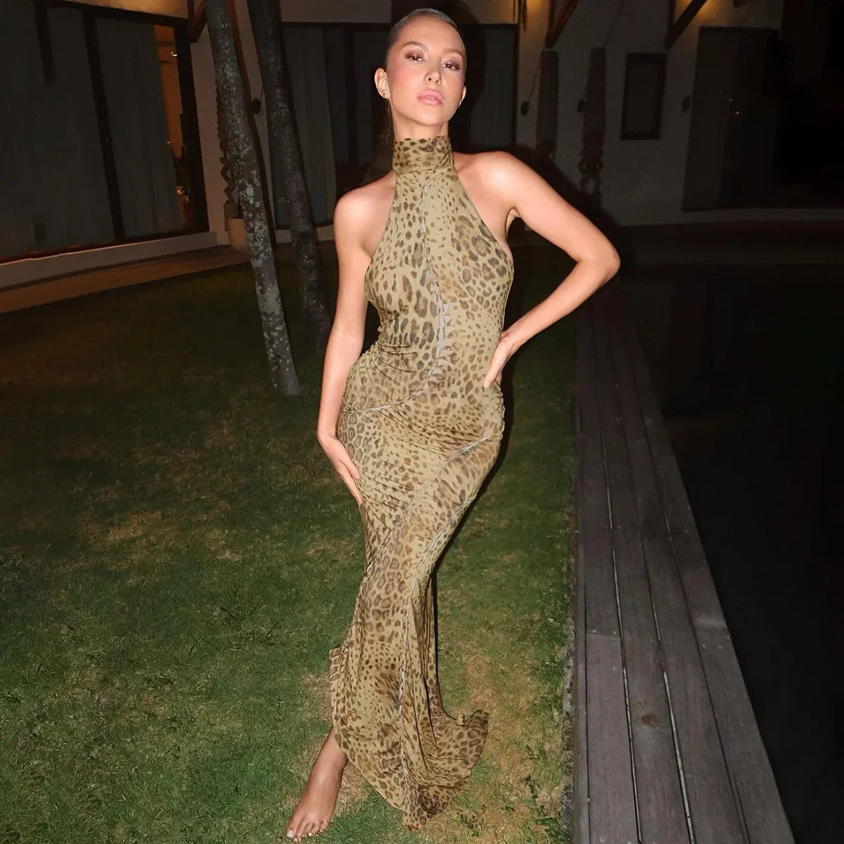 Halter Leopard Embellished Long Dress