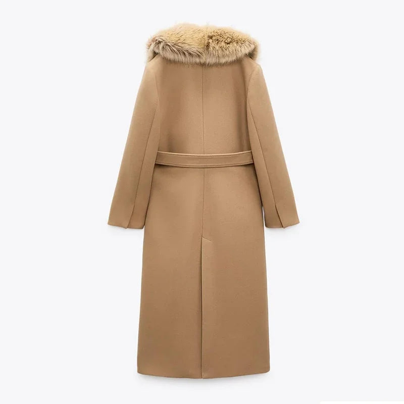 Wool Lace-Up Fur Lapel Thick Over Coat