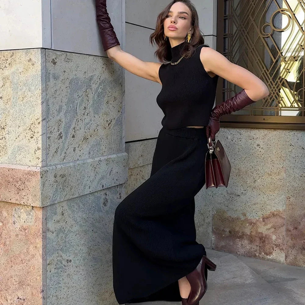 Solid Knit Sleeveless Top Long Skirt Set