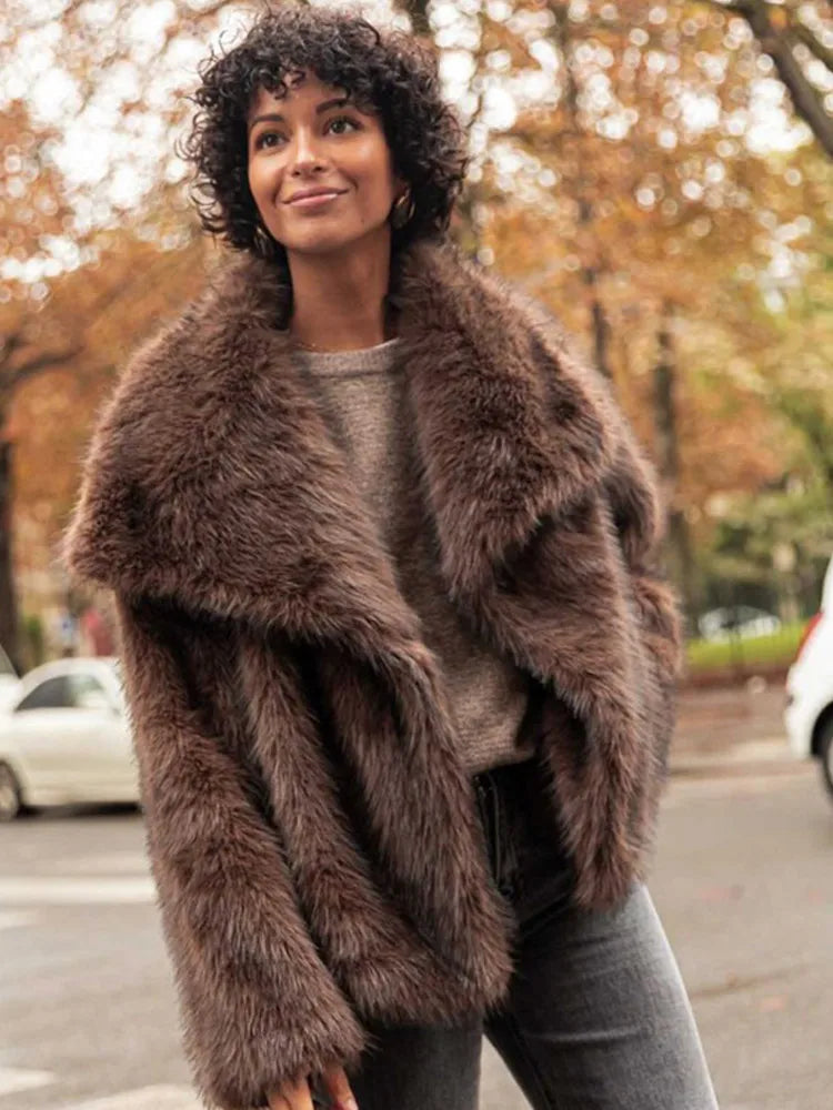 Faux Fur Lapel Fluffy Plush Warm Coat