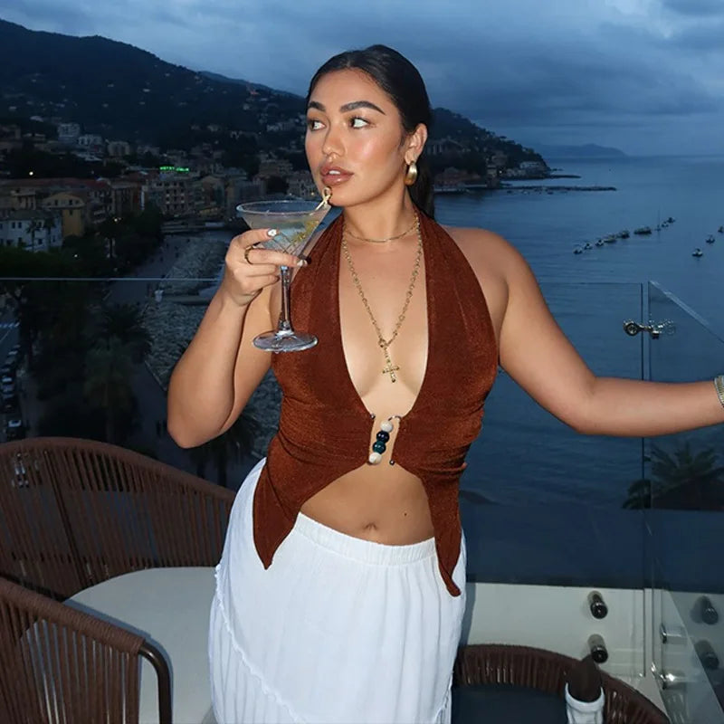 Beaded Deep V Halter Top
