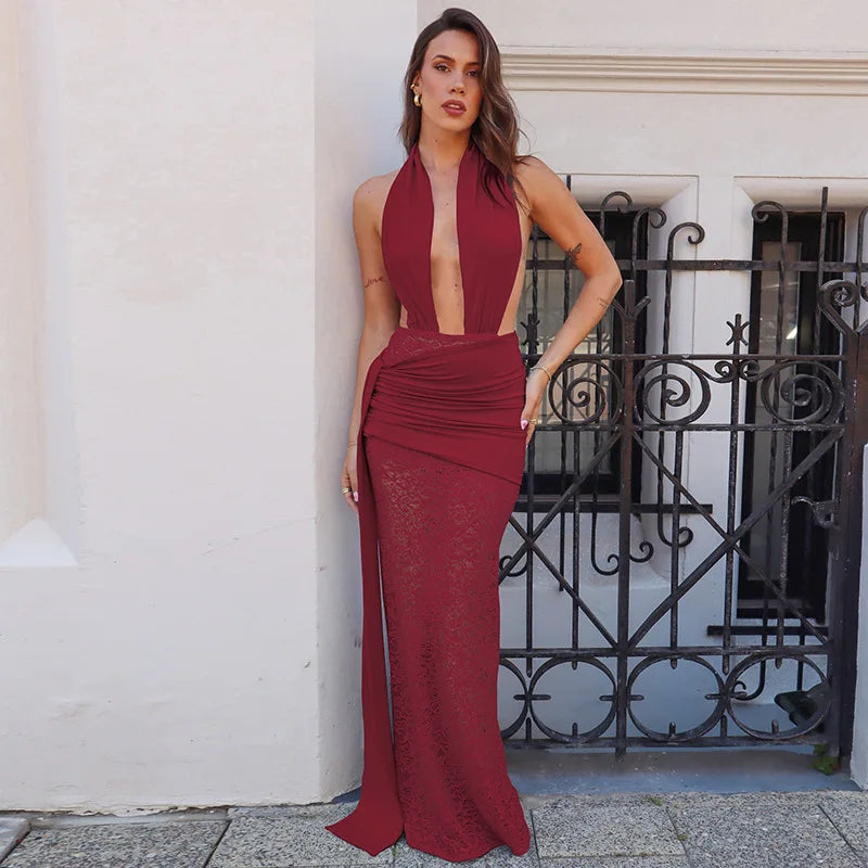 Halter Deep V Neck Lace Sleeveless Long Dress