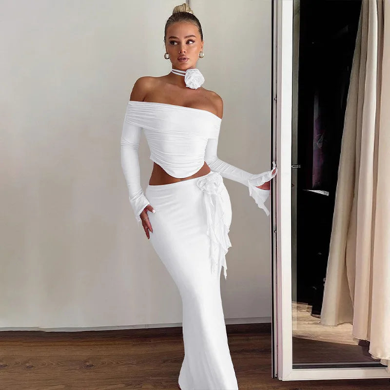 Off Shoulder Crop Top, Bodycon Maxi Skirt Set