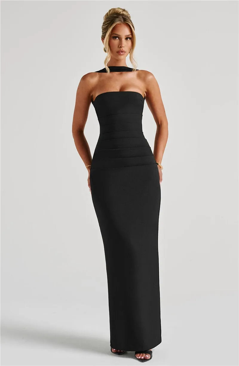 Scarf Collar Strapless Off-shoulder Long Dress
