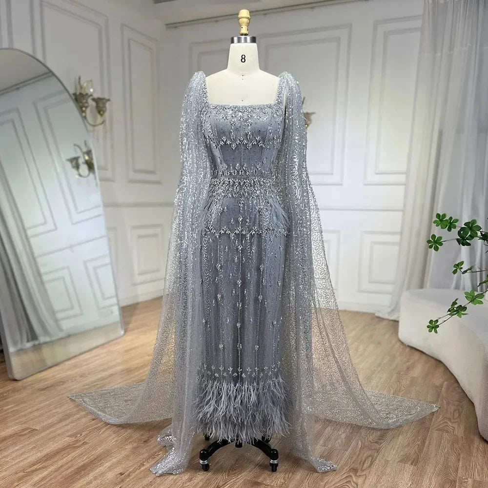 Silver Gray Mermaid Evening Dresses With Cape Feather