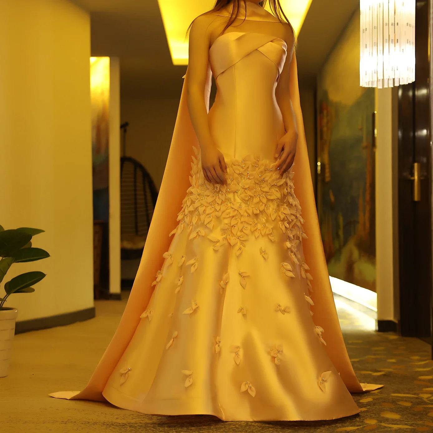 Blush Pink Mermaid Evening Gown with Cape