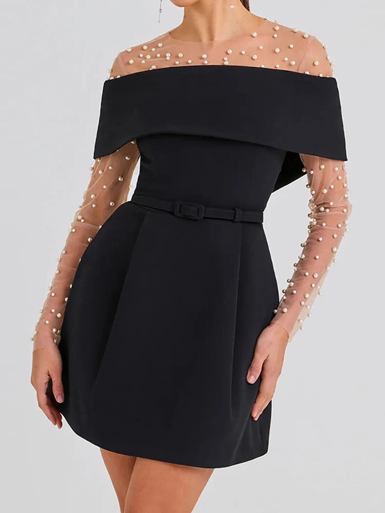Belt Patchwork Short Sleeve Off The Shoulder Dress