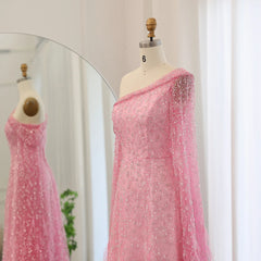 Feather Cape  One Shoulder Evening Gown