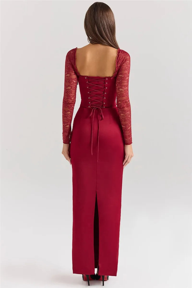 Square Collar Lace-Up Backless Long Sleeve Maxi Dress