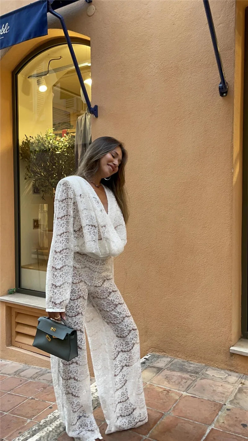 White Lace Two-Piece Loose Trouser Set
